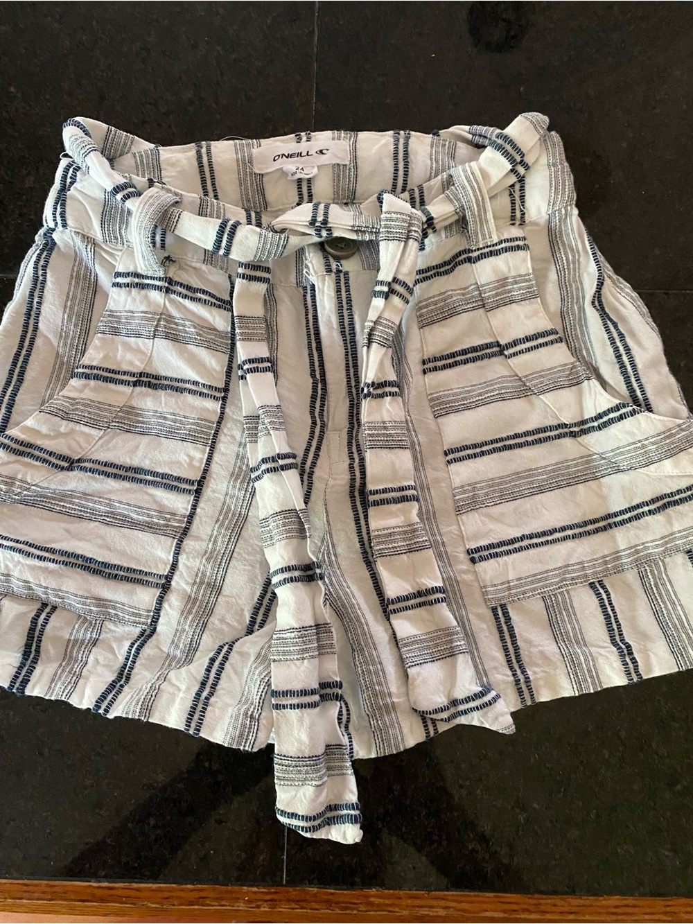 O'Neill White Shorts with Navy Stripes and Paperbag Waist